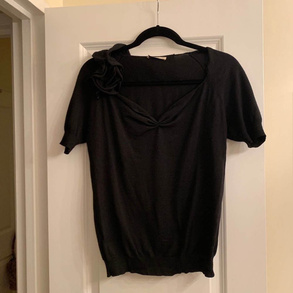 Black Short-Sleeve Prada Sweater with Flower